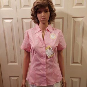 RIDERS BY LEE PINK/WHITE PINSTRIPE SHORT SLEEVE BUTTON DOWN BLOUSE SIZE S NWT